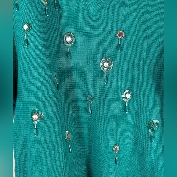 Vintage Marina Embellished Green Beaded Sweater 80s Glam Statement L - Picture 14 of 15